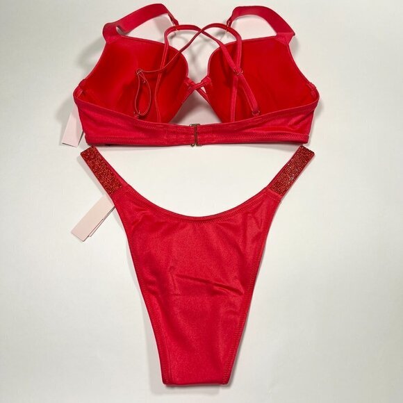 Victoria Secret 38D XL Bombshell Push Up Top Cheeky Bikini Set Shine Strap Pink - Picture 7 of 13